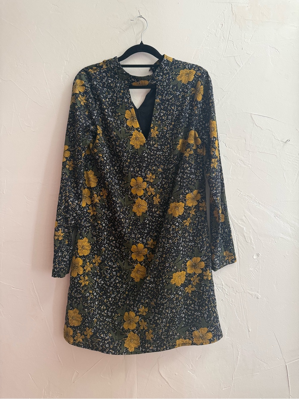 Long Sleeve Black Dress with Mustard Floral Print
